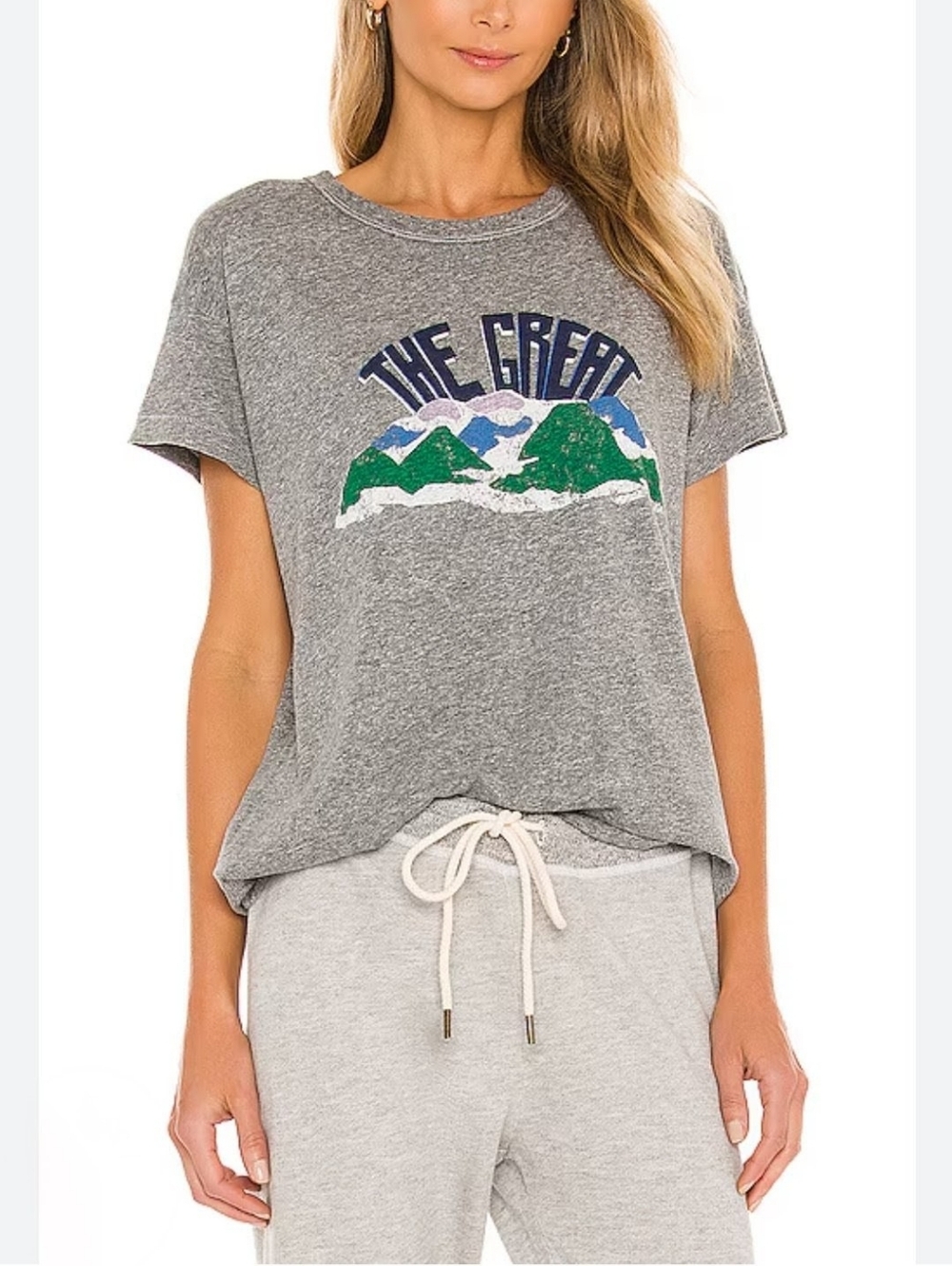 The Great. Boxy Crew Mountain Side Graphic Tee in Heather Grey Size 0/XS